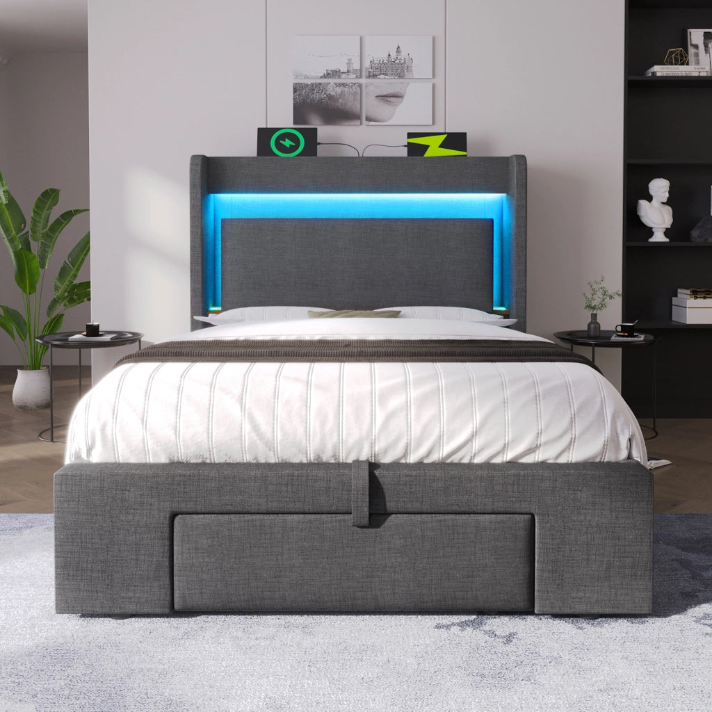 Letto singolo contenitore 90x200 cm grigio con testiera portaoggetti