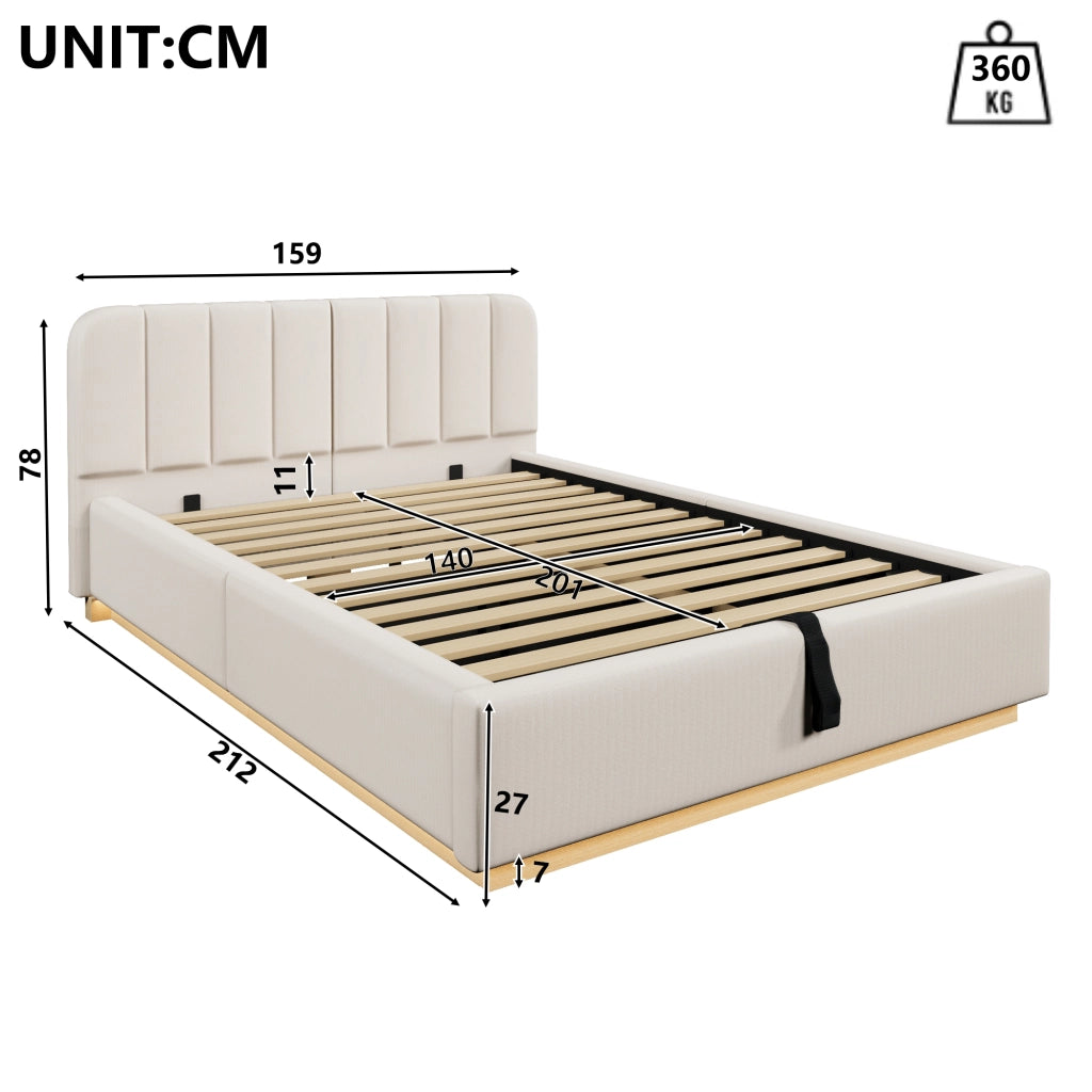 Letto contenitore imbottito in ciniglia 140 x 200 cm, letto matrimoniale con contenitore idraulico, LED, testiera trapuntata e rete a doghe, beige