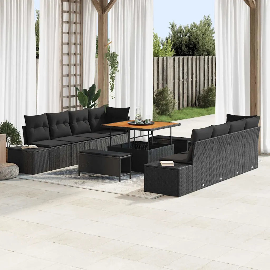Set Divano da Giardino con cuscino 11 pcs Nero Poly Rattan