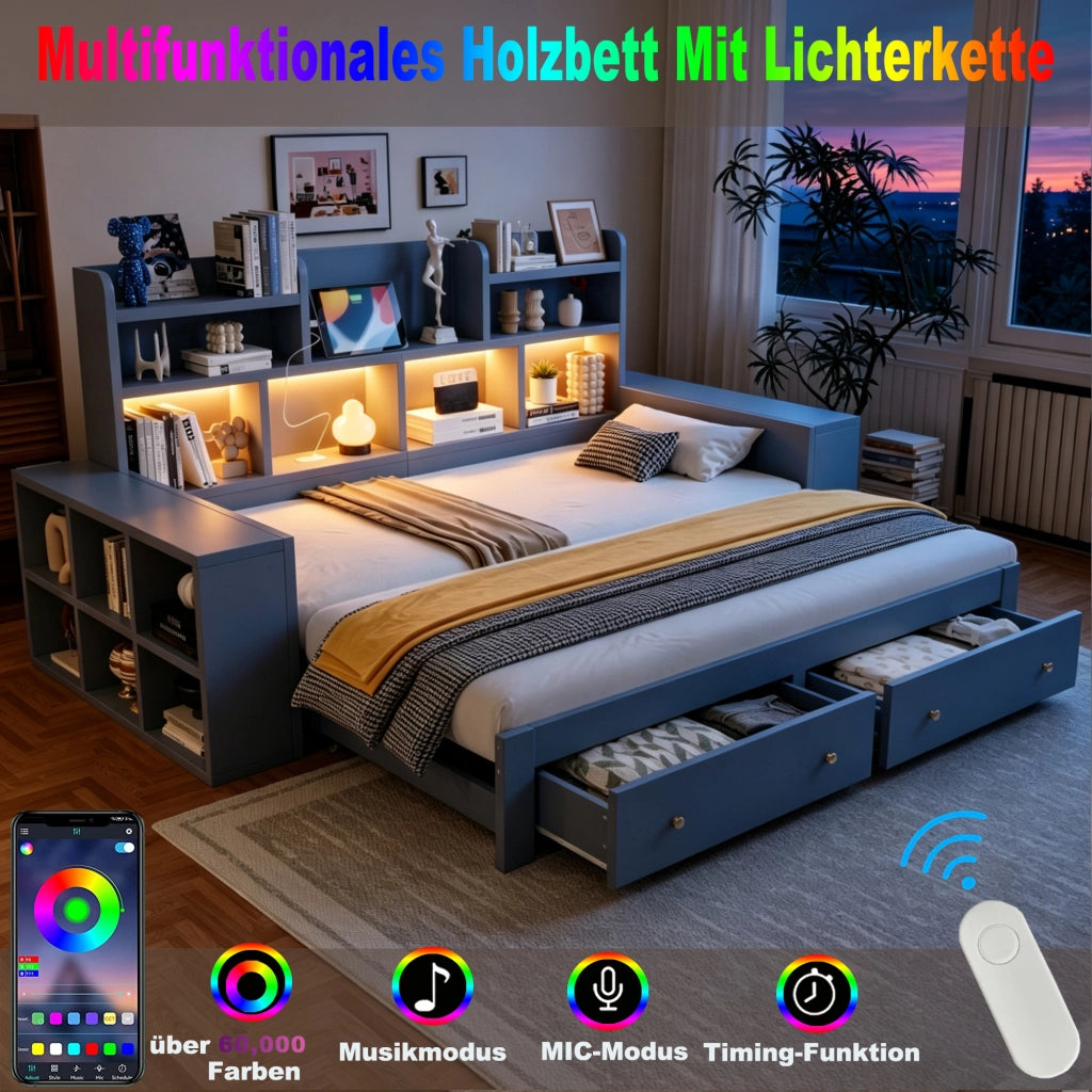 Letto estraibile multifunzionale in compensato e MDF grigio con cassetti ripiani LED e presa