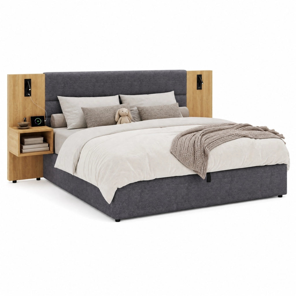 Letto imbottito 180x200 cm con contenitore, USB e comodini