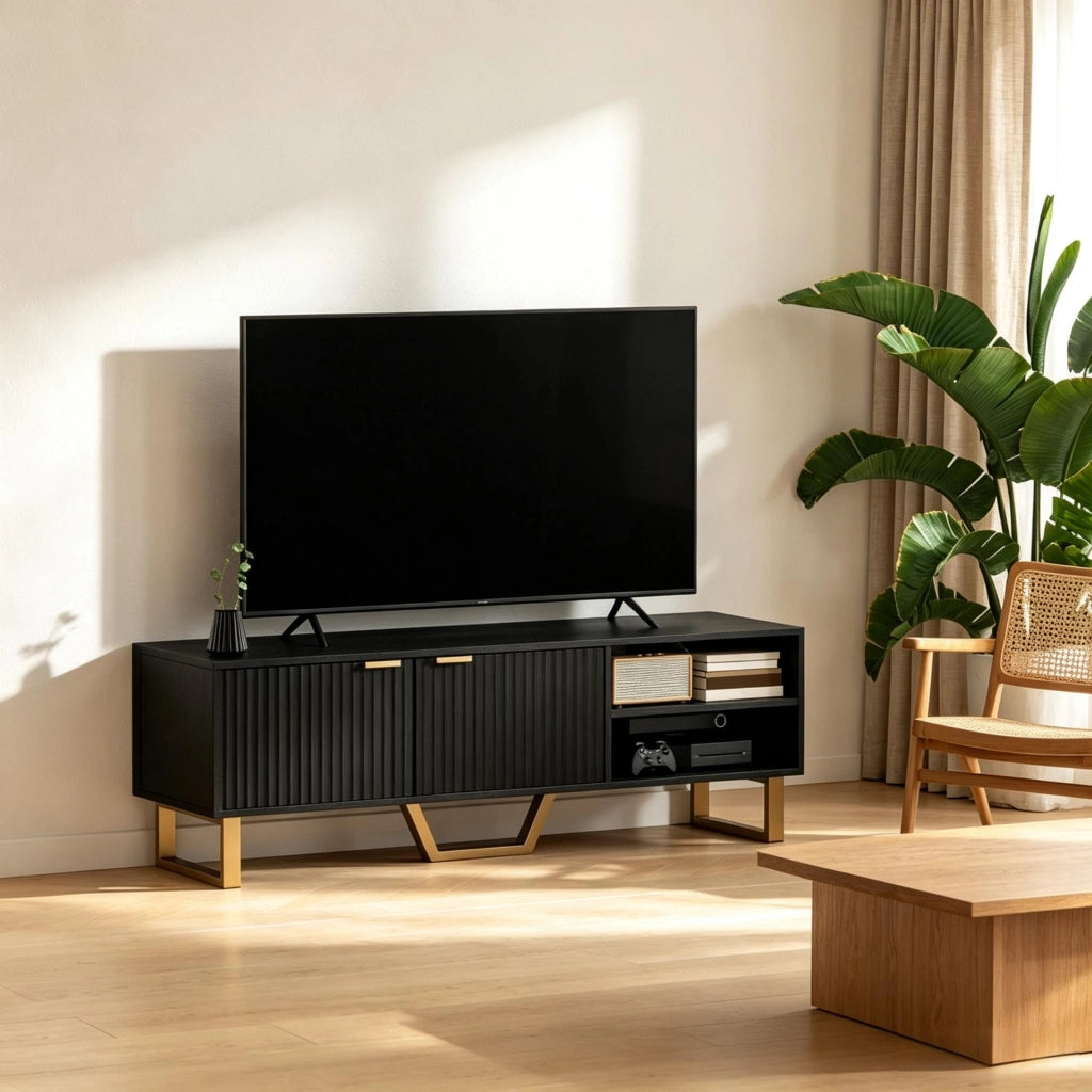 Mobile TV nero 140 cm con due ante scanalate