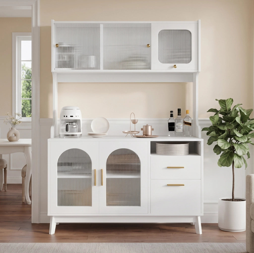Credenza alta bianca con prese integrate e porte USB