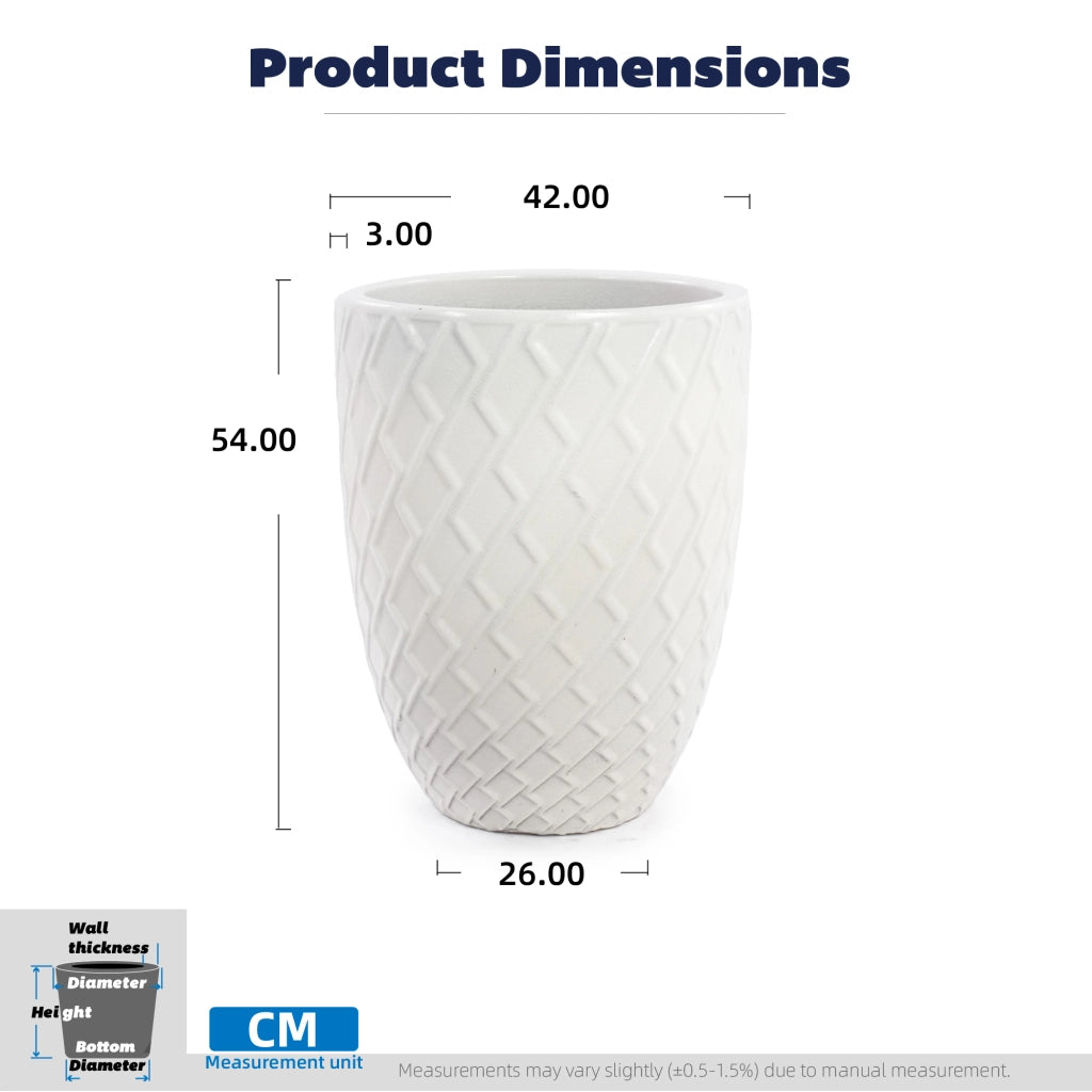 Großer Handgefertigter Keramik Pflanztopf 42 cm x 54 cm – Glänzend Weiß mit Rautenmuster, Atmungsaktiv & Frostsicher