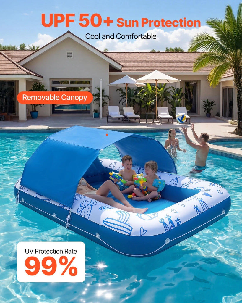 Per Piscina e Spiaggia Sdraio Galleggiante Gonfiabile Resistente in PVC Blu 209 x 140 cm con Parasole UPF 50+ Carico max 250 kg