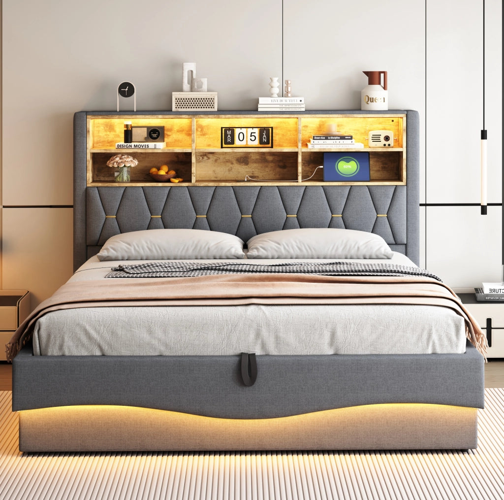 Letto matrimoniale 180x200 cm con contenitore idraulico; LED e porta USB; grigio