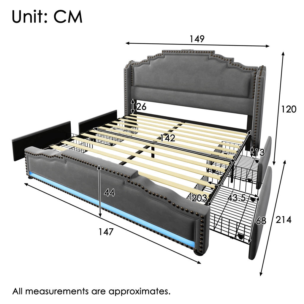 Letto contenitore 140x200 grigio con luci LED