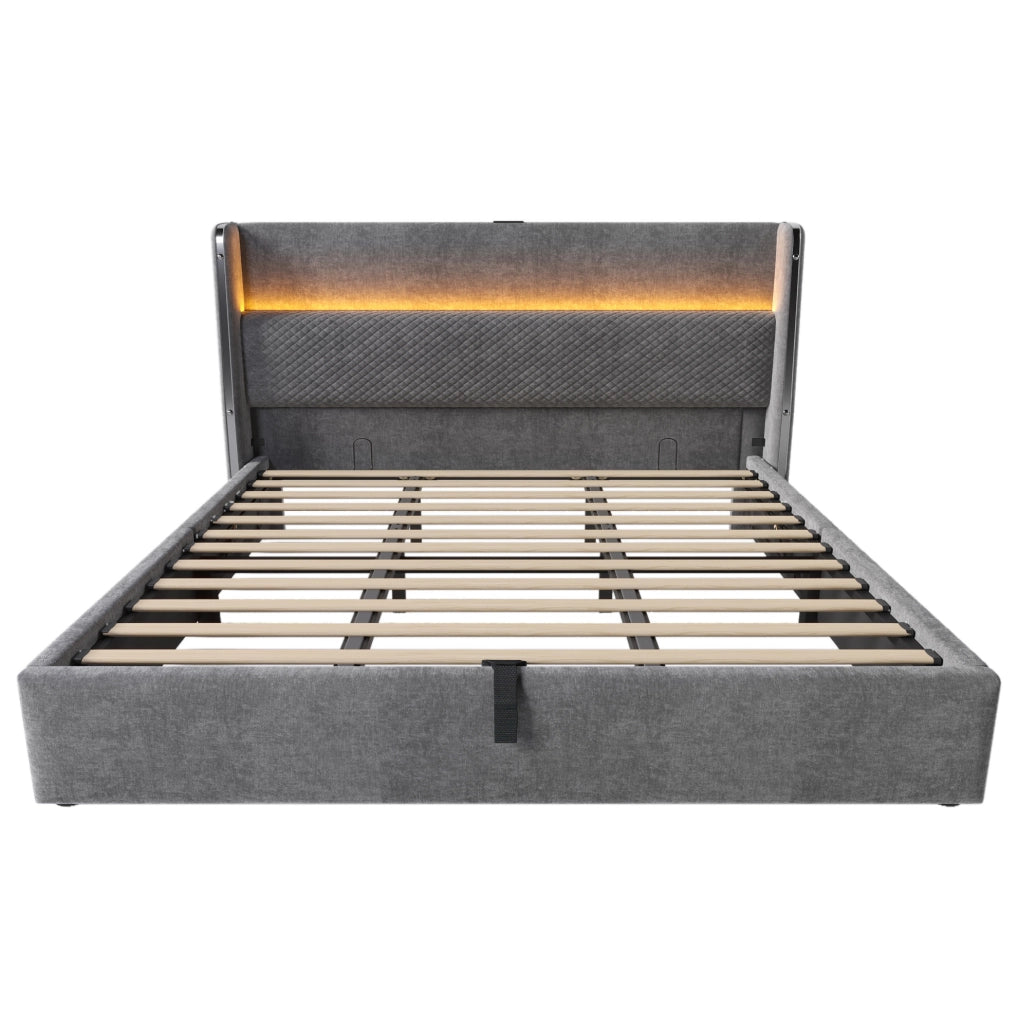 Letto matrimoniale contenitore idraulico 180 × 200 cm con LED; USB e Type-C; lino grigio