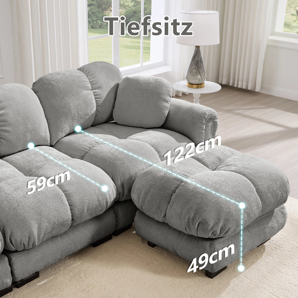 Divano modulare in ciniglia con cuscini trapuntati e braccioli curvi grigio chiaro 330 × 86 × 90 cm