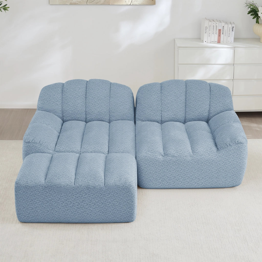 Divano Angolare Modulare 2 Posti con Poggiapiedi ¨C MINIMAL ¨C Tessuto Blu, Cuscini Profondi