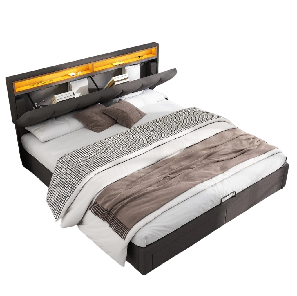 Letto imbottito 160 × 200 cm con LED regolabile e rete a doghe; grigio scuro