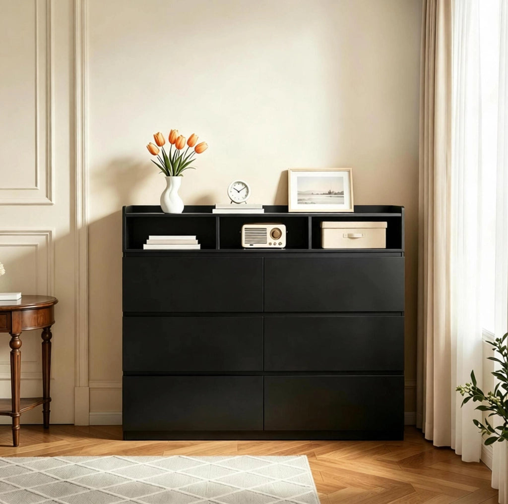 Cassettiera moderna nera con 6 cassetti e 3 vani aperti 120x40x100 cm in pannello E1