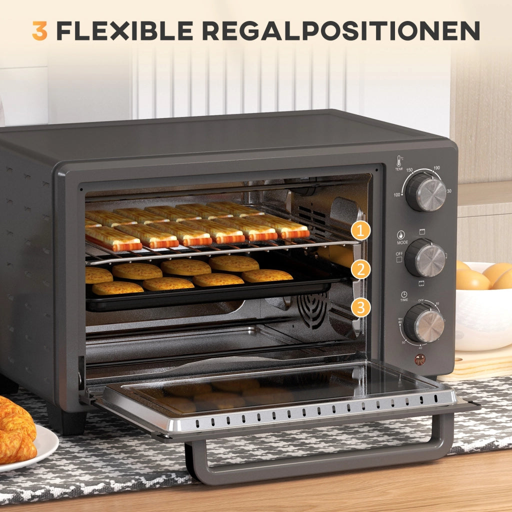 Mini Forno Elettrico 21L 1400W, Timer 60 Min, Temp 100-230°C, in Acciaio Inox Grigio, con Teglia e Griglia