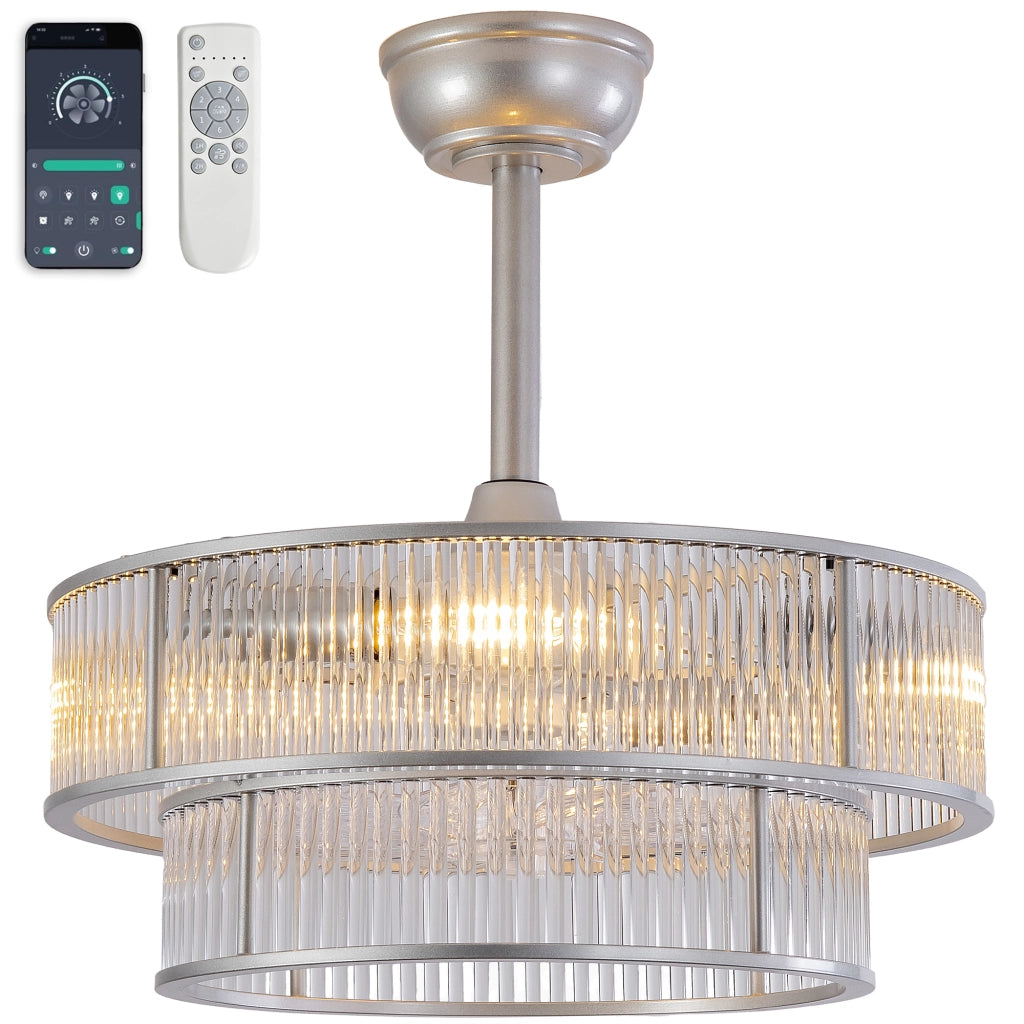 Ventilatore da soffitto con luce a 4 portalampade E26. 6 velocità; app Bluetooth e telecomando; argento