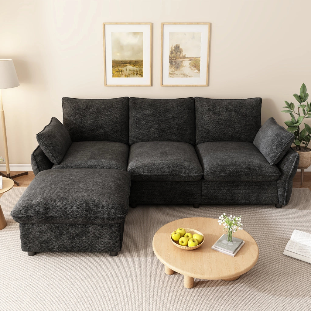 Modernes Ecksofa mit Ottomane (inkl. 1 Hocker) – Weicher Chenille-Sofa für Ihr Zuhause