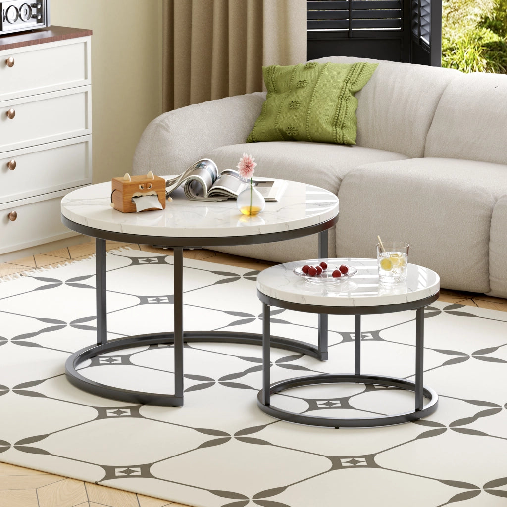 Set di 2 tavolini da salotto rotondi a incastro 70 e 45 cm in MDF e metallo; nero e bianco