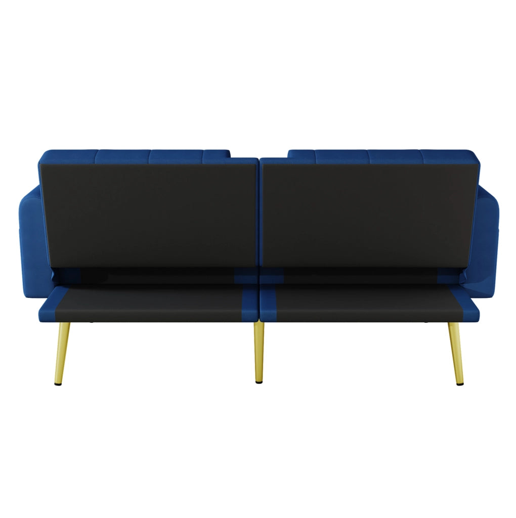 Divano letto multifunzionale in velluto blu con schienale regolabile e portabicchieri