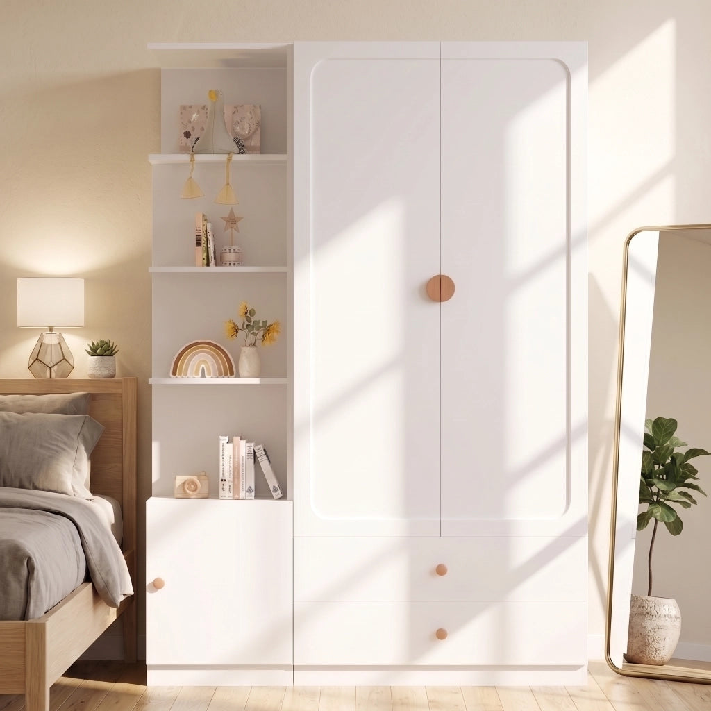 Armadio modulare aperto con 2 appendiabiti e 2 cassetti, per camera da letto e ingresso, bianco, 135 × 45 × 200 cm