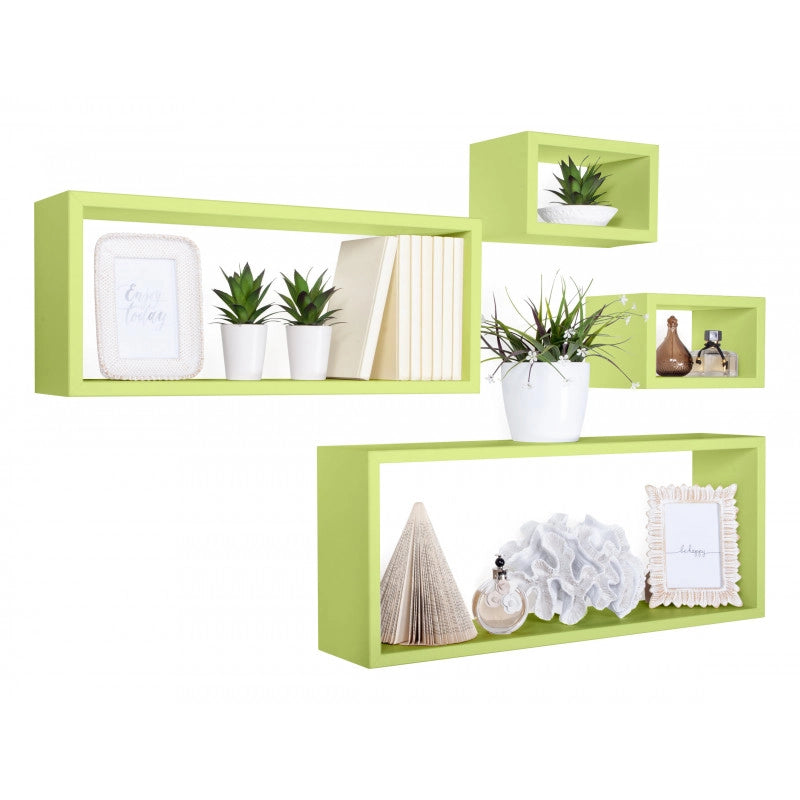 Set 4 Mensole da Muro, Pensile Bagno, Mensola Parete, Scaffale Parete, Verde, 75x30 p15,5 cm, 60x25 p15,5 cm e 2 da 25x15 p15,5 cm - Merlino