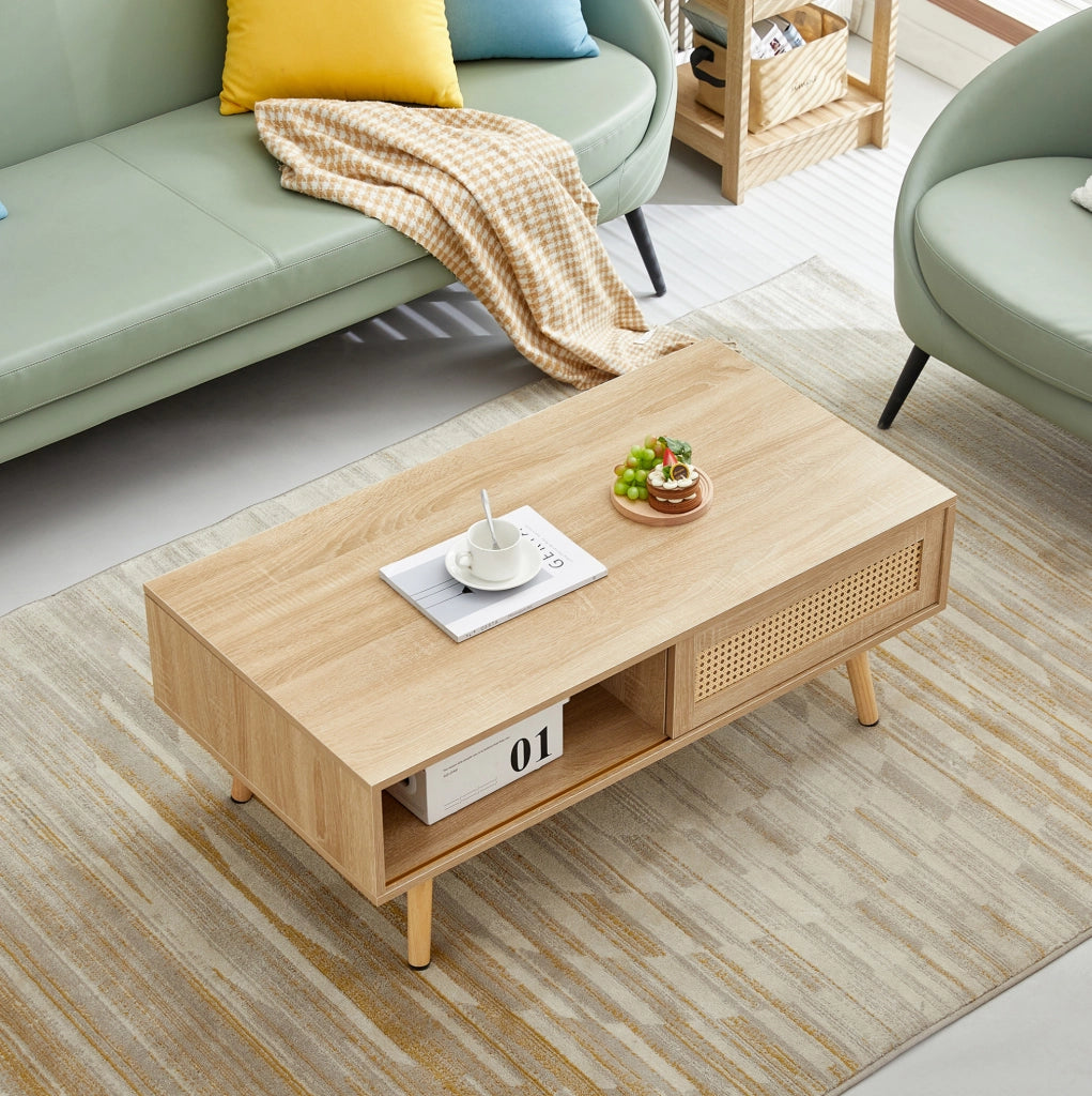 Tavolino 105x55x41,5 cm MDF finitura naturale anta scorrevole effetto rattan