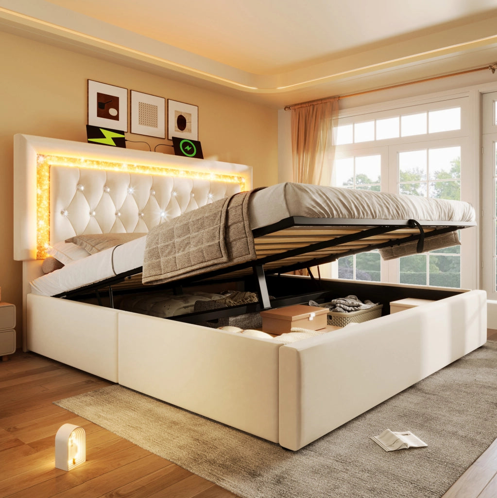 Letto imbottito 180x200 cm beige in velluto con LED, USB-C e vano contenitore