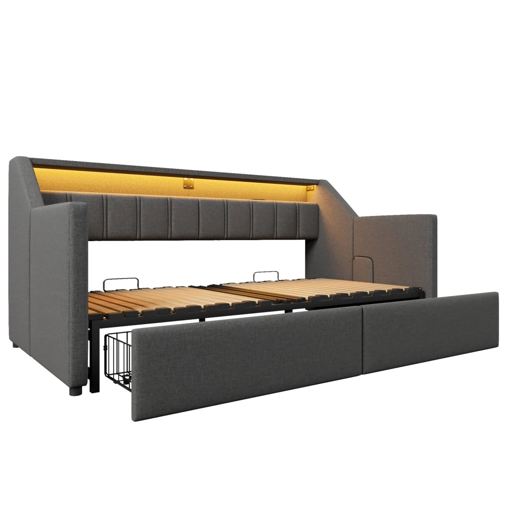Divano letto 90x200 cm con USB, Type-C, LED e 2 cassetti grigio