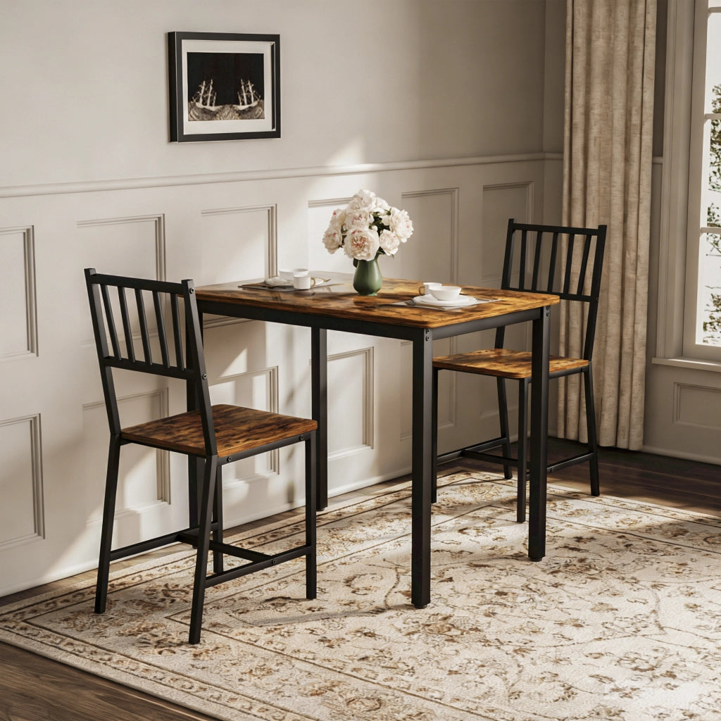 Tavolo da Pranzo con 2 Panche ¨C MINIMAL ¨C Legno Marrone Rustico e Nero