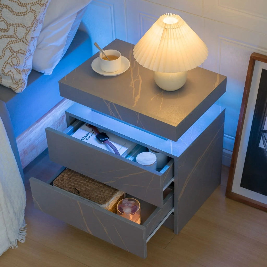 Comodino moderno con 2 cassetti, luci LED integrate, grigio e oro