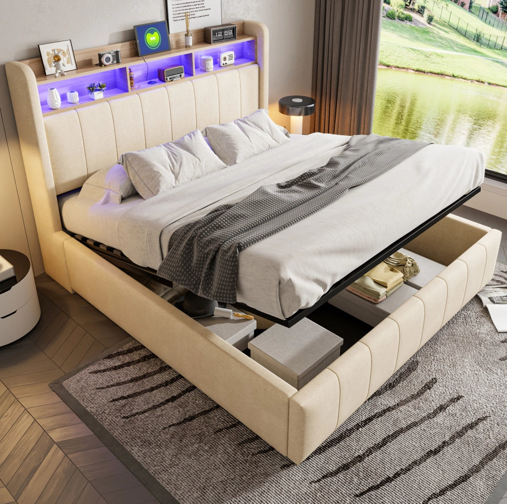 Letto imbottito 160x200 cm con LED; USB e Type-C; contenitore idraulico beige