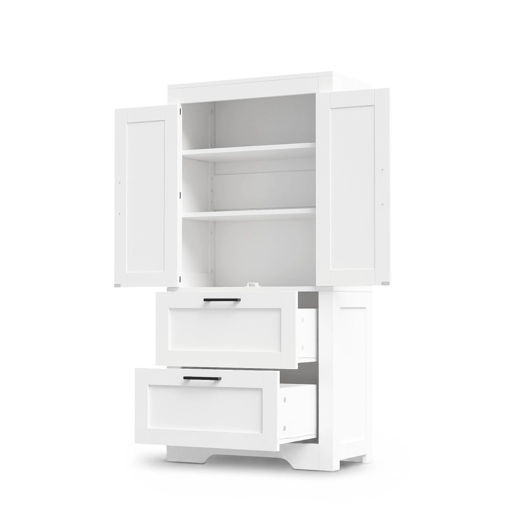 Credenza alta con 2 cassetti e ripiani regolabili in MDF bianca