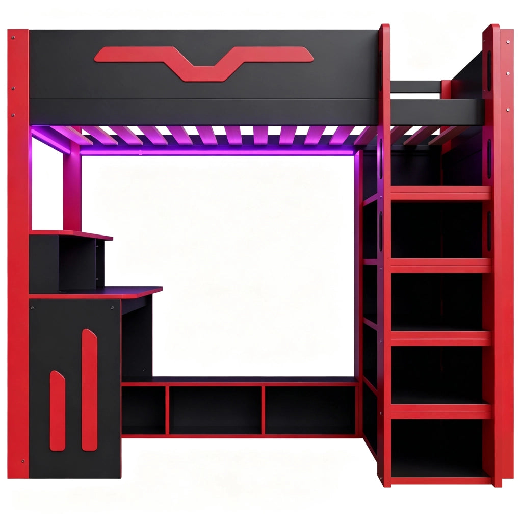 Letto a soppalco 90x200 cm con scrivania; LED e scala contenitore; legno nero e rosso