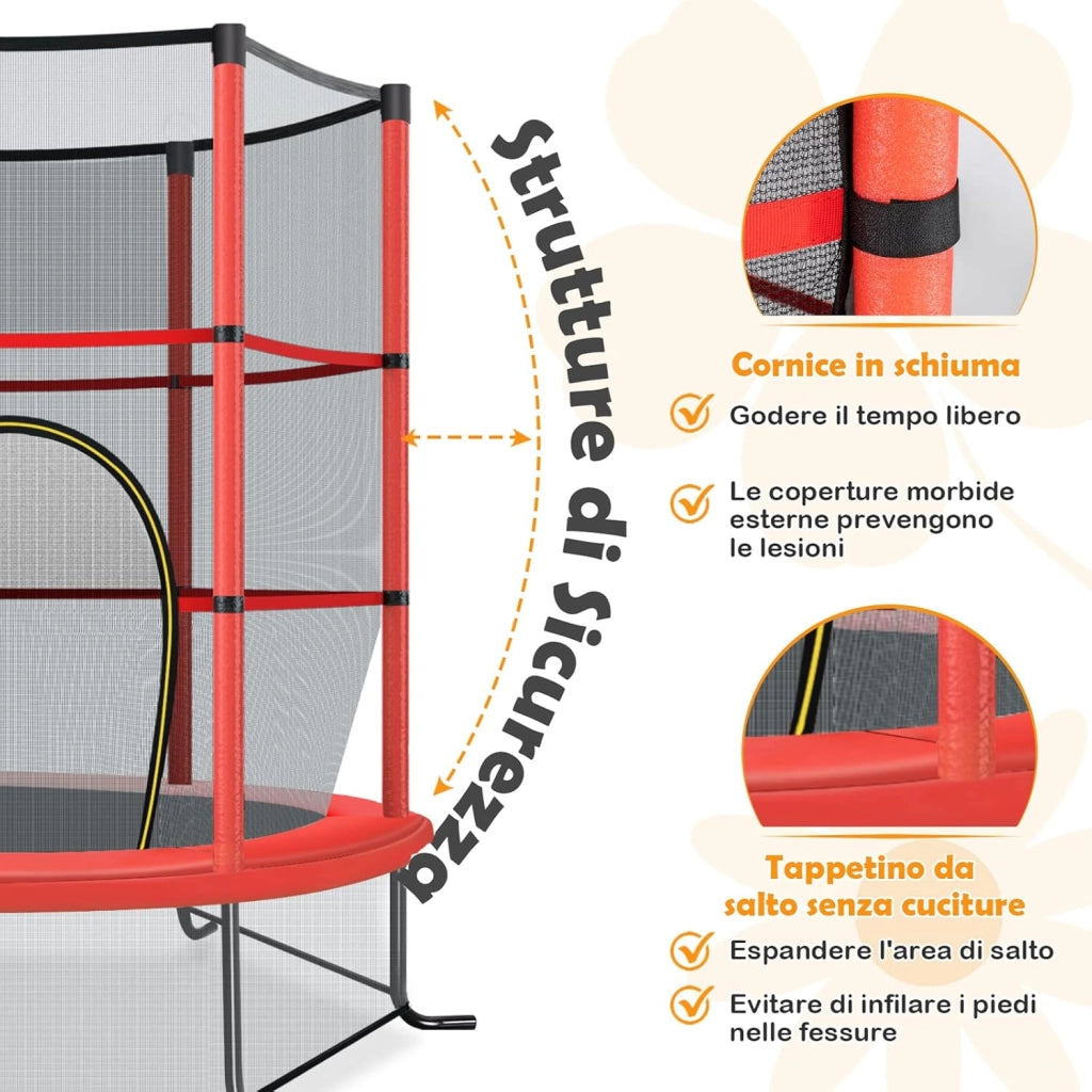 Trampolino Elastico Bambino in Acciaio, Tappeto Elastico Bambini da Esterno e da Interno, con Rete e Cusicnetti Antiscivolo（Rosso)
