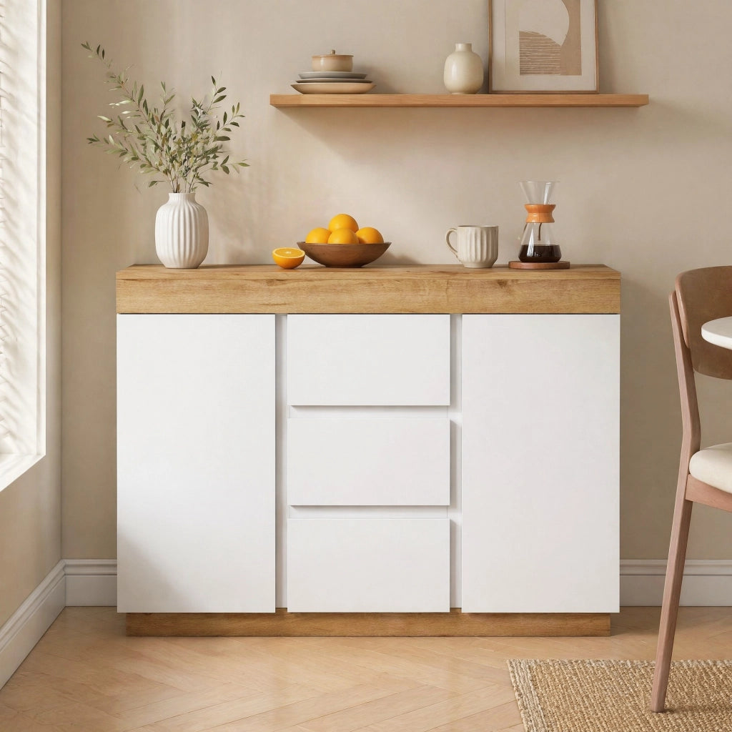 Comò classico bianco e rovere con 3 cassetti e 2 ante