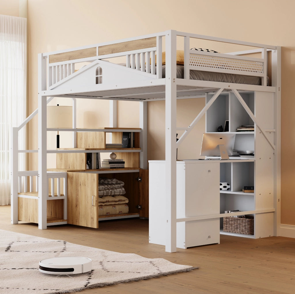 Letto a soppalco in metallo 140x200 cm con scala e spazio contenitivo