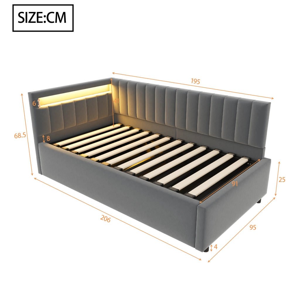 Letto imbottito singolo 90×200 cm con contenitore; LED e rete; senza materasso; velluto; grigio