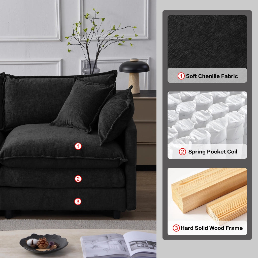 Divano angolare modulare a 3 posti in chenille nero con pouf e cuscini sfoderabili 267 × 154 × 85 cm