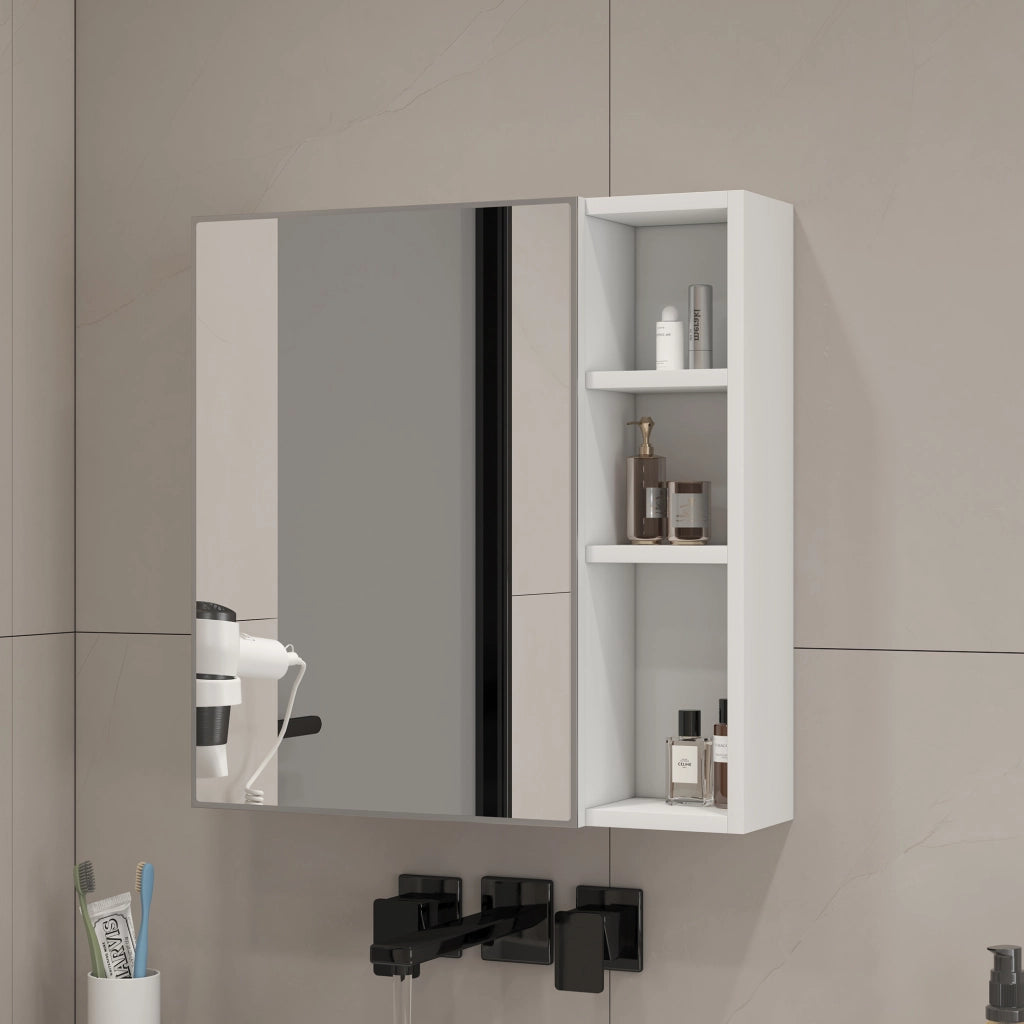 Mobile con specchio con anta e scomparti interni, specchio di sicurezza per bagno e camera da letto, MDF bianco