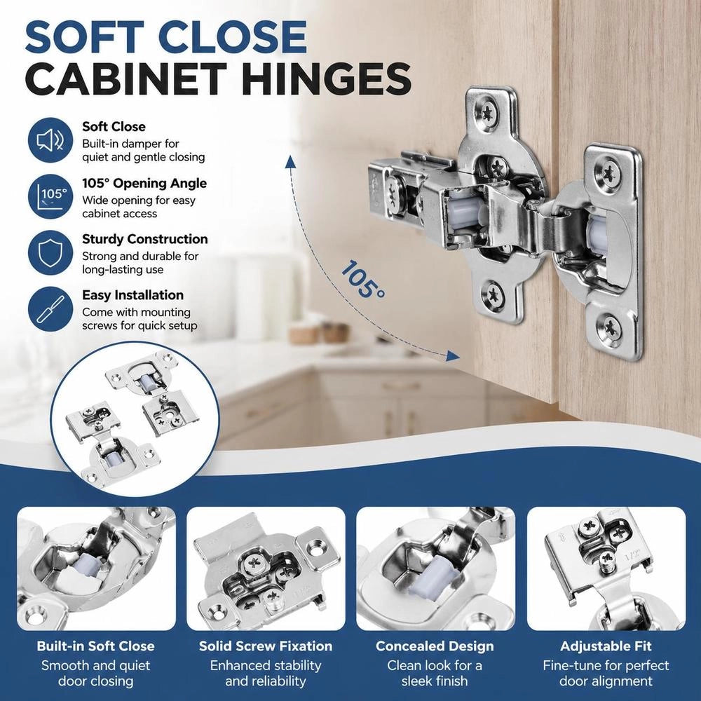 Cabinet Hinges, Set Of 40, Partially Surface-mounted Furniture Hinges, 105-degree Opening Angle, Soft-close, Hinges For Framed Cabinet Types, With Mounting Screws, 71 X 57 X 18 Mm