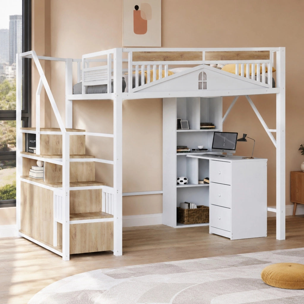Letto a soppalco in metallo 140x200 cm con scala e spazio contenitivo