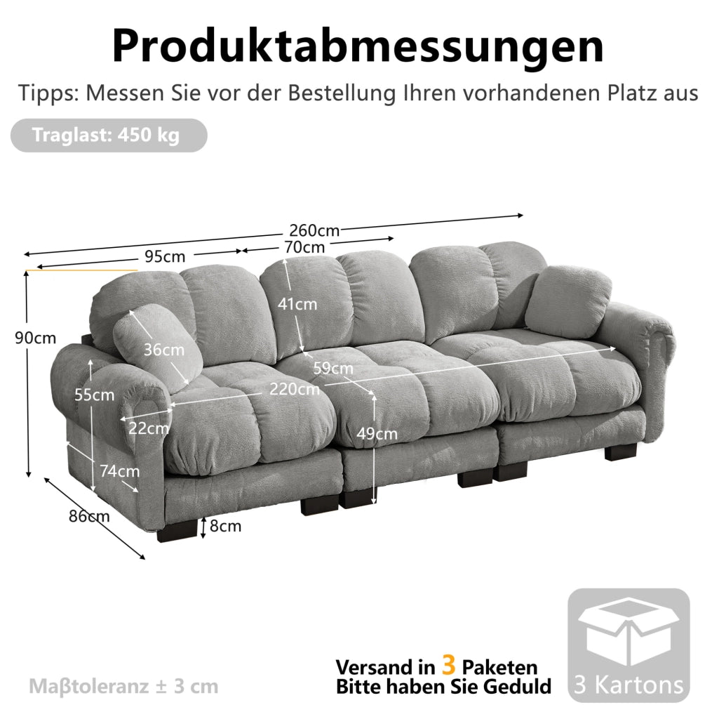 Divano 3 Posti in Chenille Grigio Chiaro con Cuscini Decorativi e Sedute Imbottite 260x86x90 cm
