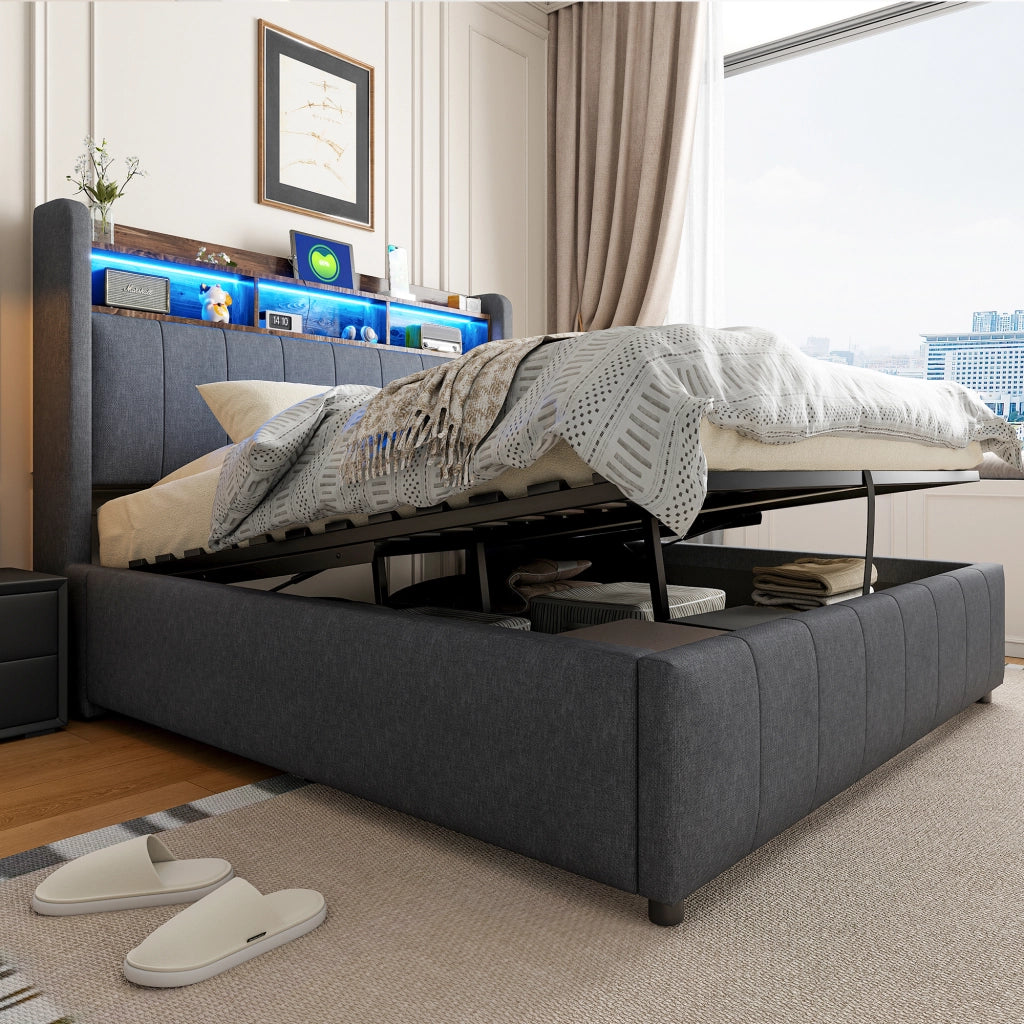 Letto matrimoniale imbottito 140 × 200 cm contenitore con LED USB e Type-C in tessuto di lino grigio