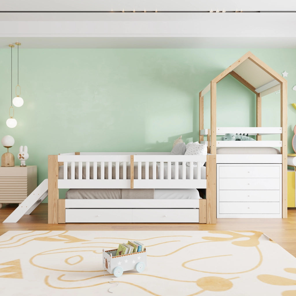Casetta a castello bambini in legno massello 90 x 200 cm con letto estraibile 90 x 190, scala a 4 cassetti e tetto in tessuto, bianco e legno naturale