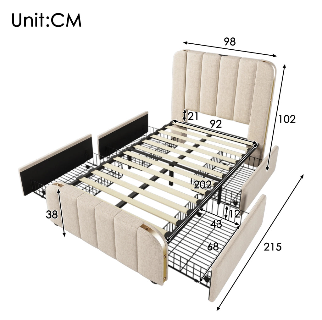 Letto singolo imbottito beige 90×200 cm con USB/Type-C e 4 cassetti