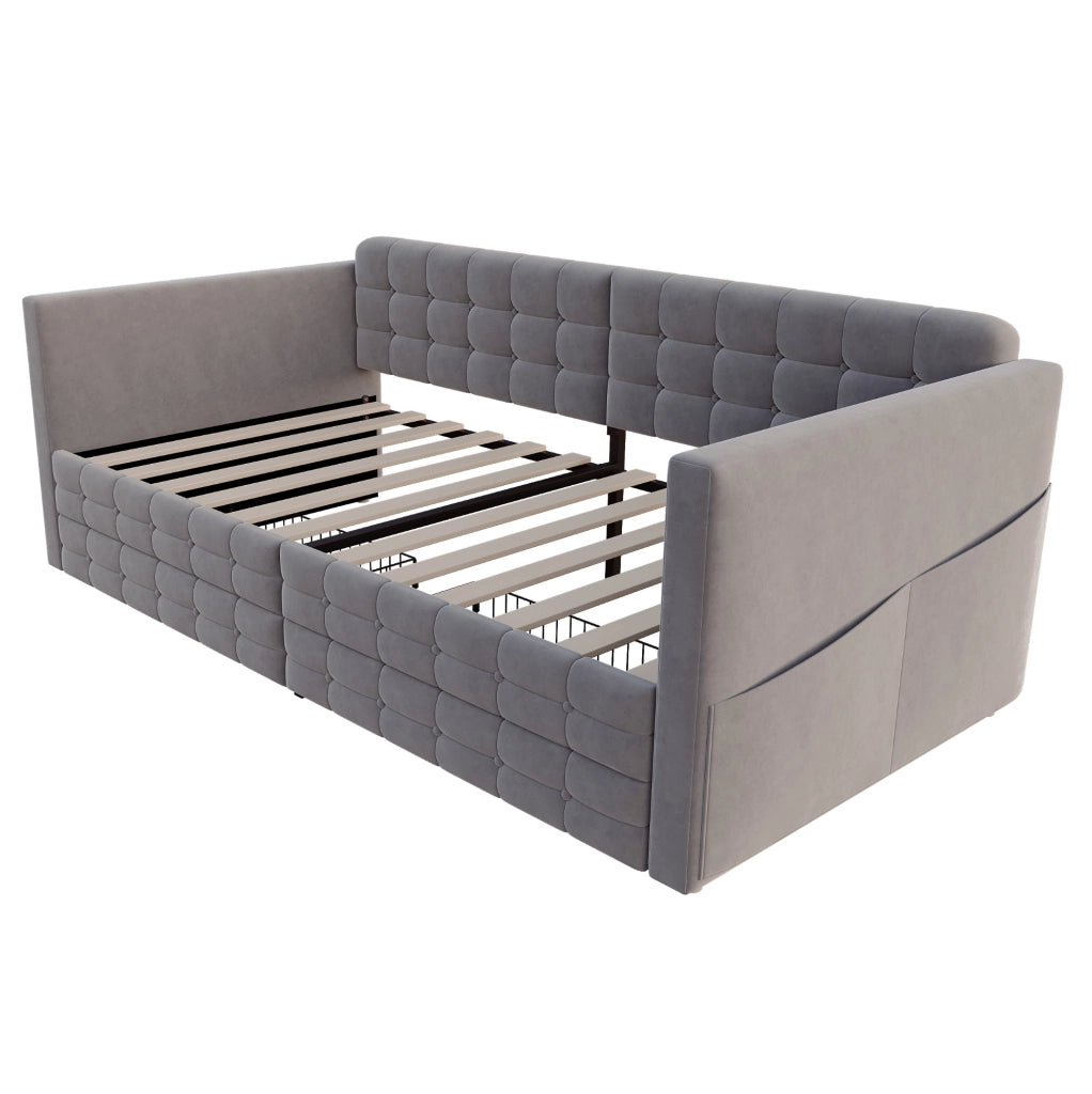 LETTO Imbottito 90x190 cm Grigio in velluto con 2 cassetti e tasche laterali