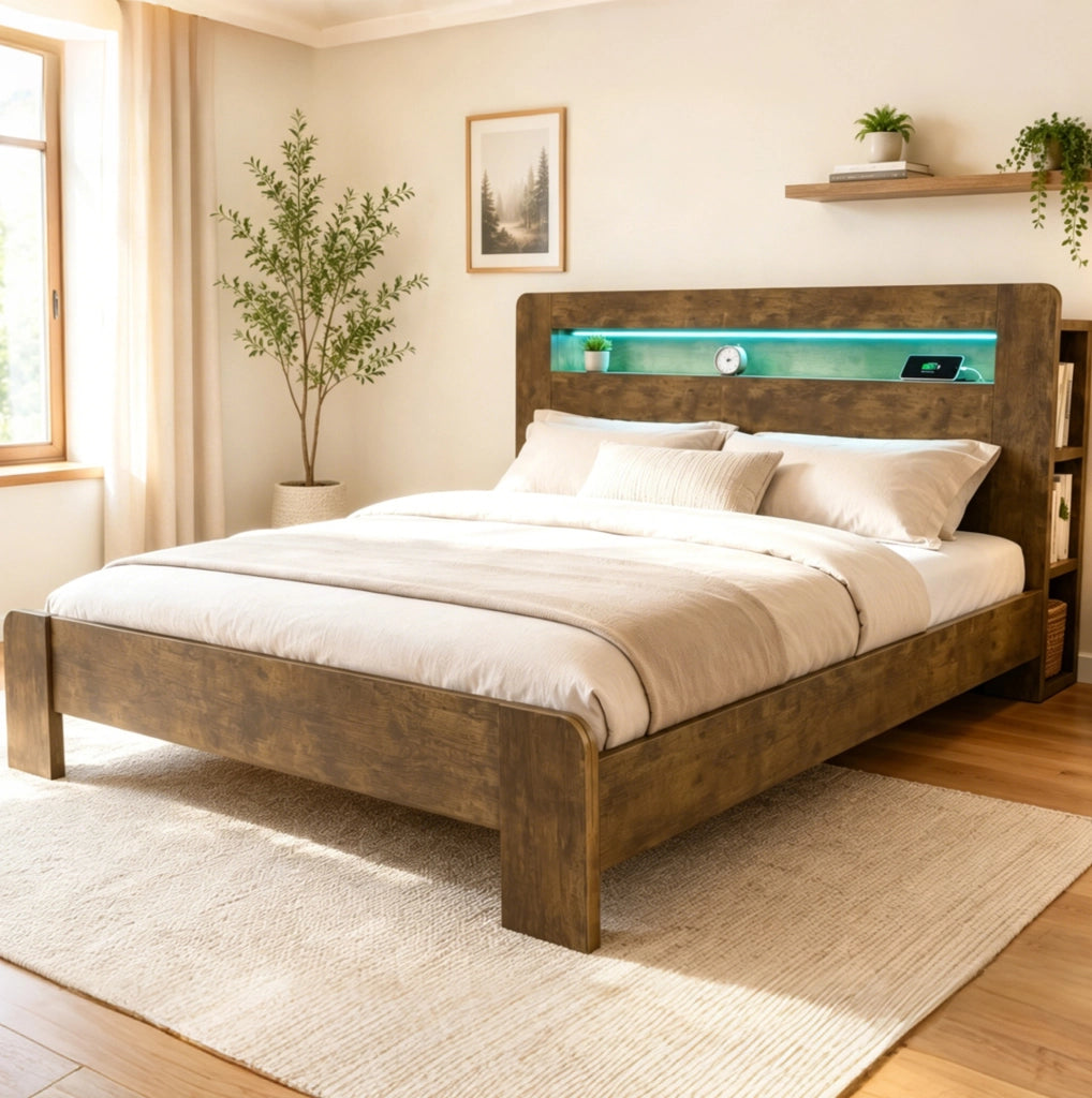 Letto a piattaforma 180x200 cm con testiera contenitore, LED e prese in legno