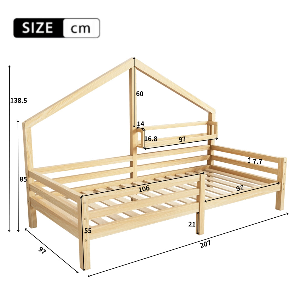 Letto per bambini 90 × 200 cm con barriera; mensola e senza materasso; in pino; stile scandinavo; finitura naturale