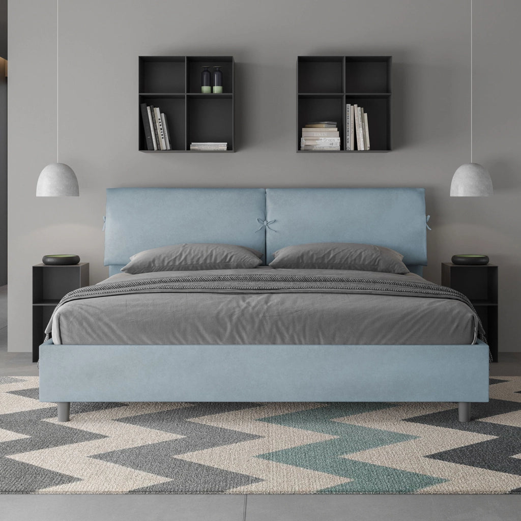BS COM Letto matrimoniale king size contenitore imbottito 180x210 microfibra azzurro