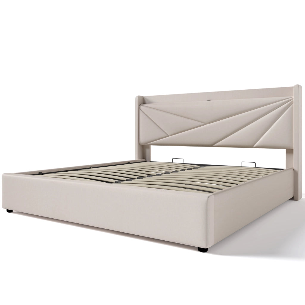 Letto contenitore matrimoniale 140×200 cm con USB; porta di ricarica tipo C e testiera imbottita; senza materasso; beige