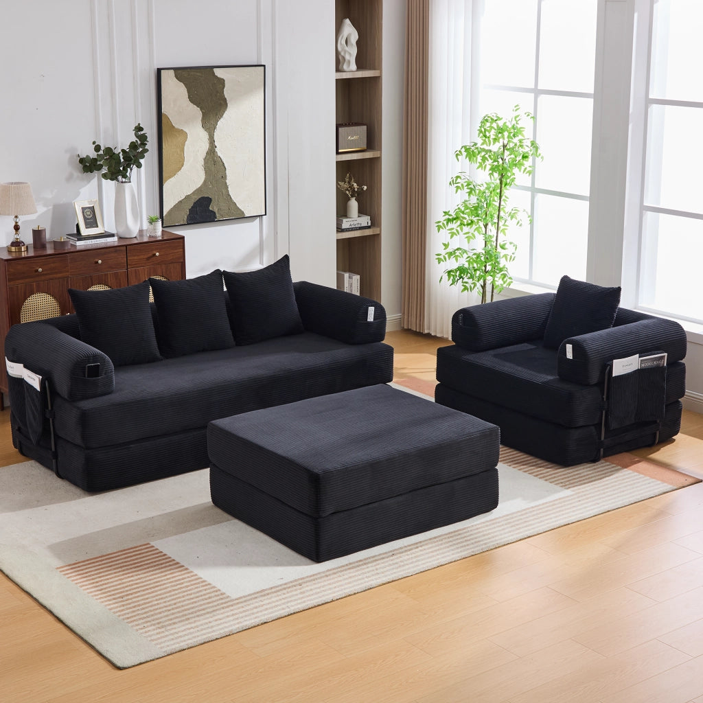 Divano modulare in corduroy con pouf; nero