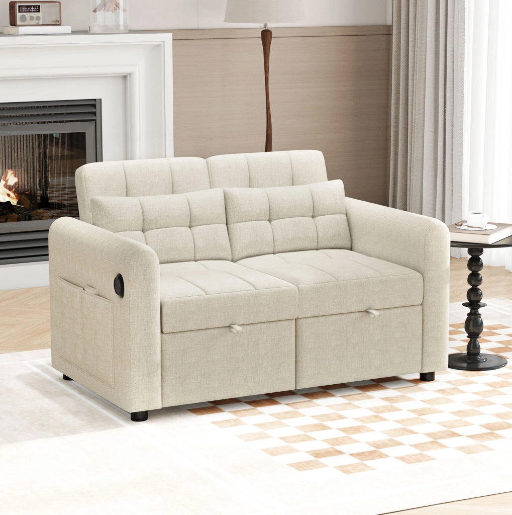 Divano letto 3 in 1 beige con USB, schienale reclinabile e cuscini